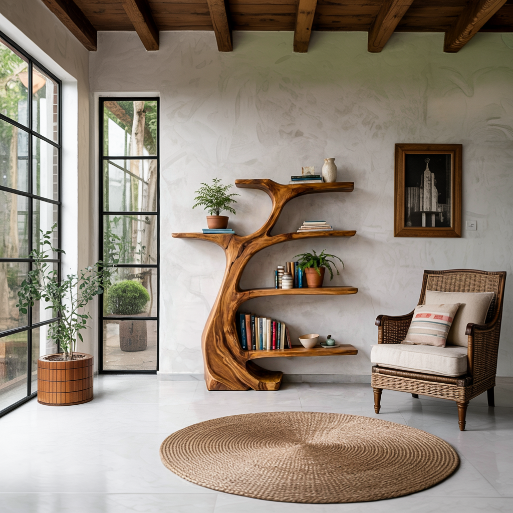 Rustic Wooden Curved Bookshelf Tree Design For Living Room Lynnsnail