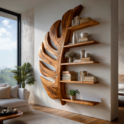Artistic Wooden Leaf Statement Wall Bookshelf For Elegant Interiors Lynnsnail