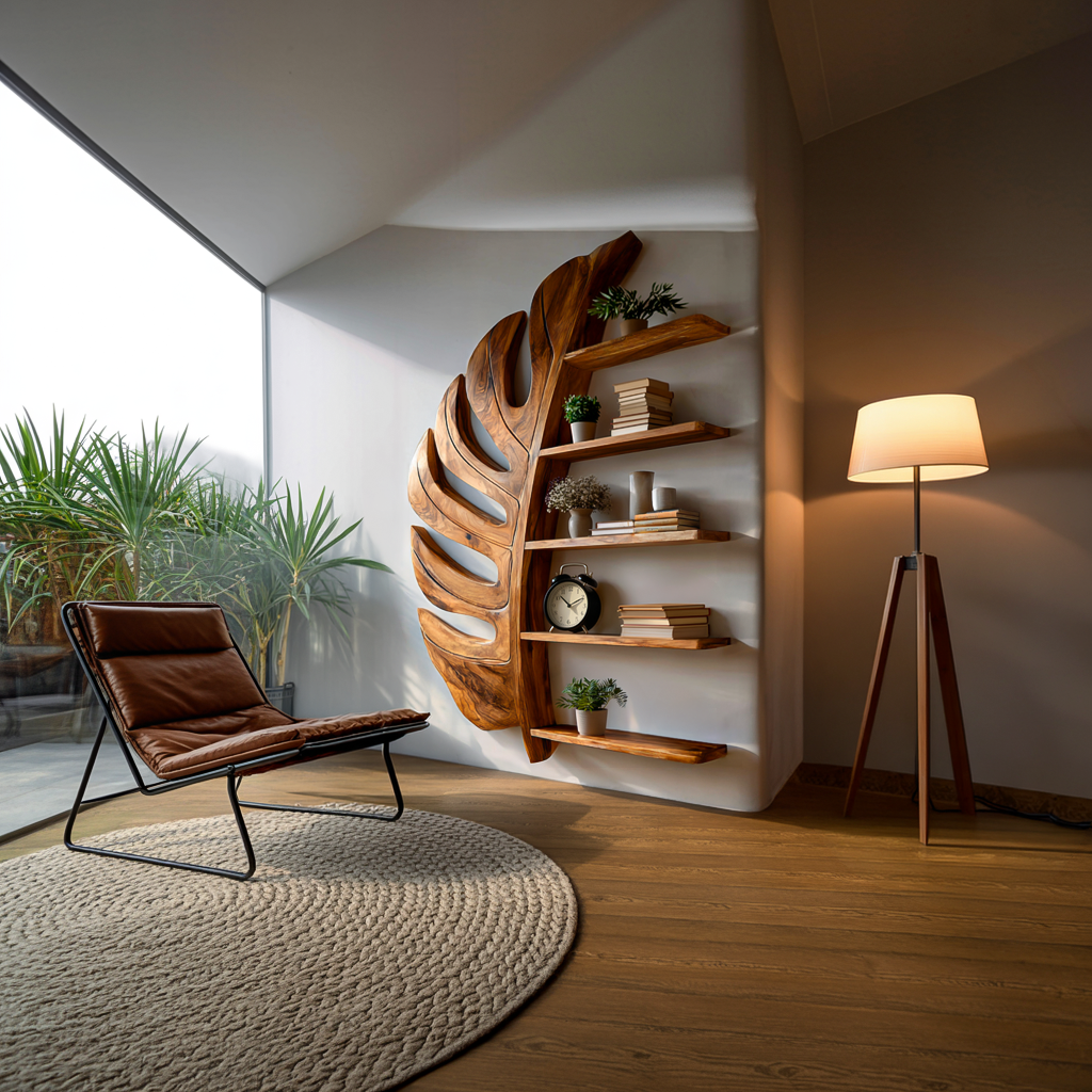 Artistic Wooden Leaf Statement Wall Bookshelf For Elegant Interiors Lynnsnail