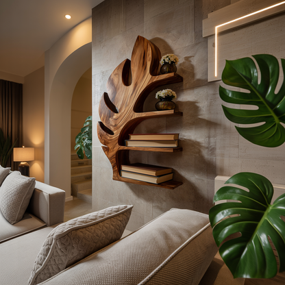 Wood Tropical Botanical Floating Bookshelf For Living Room Accent Wall Lynnsnail