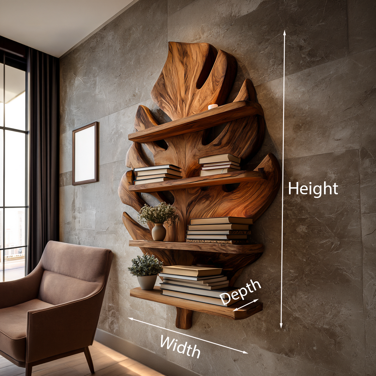 Wooden Tropical Leaf Wall Bookshelf For Living Room Lynnsnail