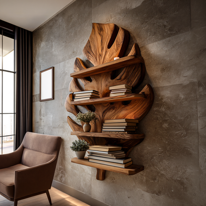 Wooden Tropical Leaf Wall Bookshelf For Living Room Lynnsnail