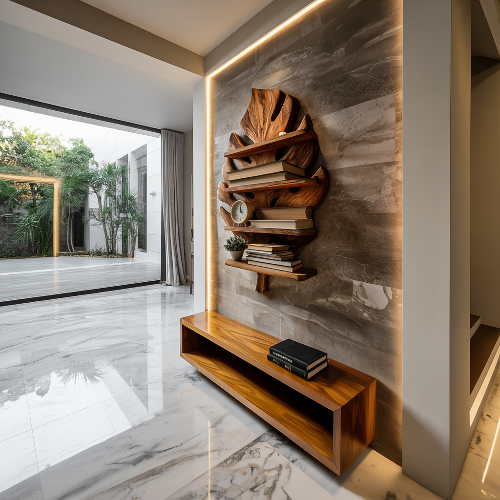 Wooden Tropical Leaf Wall Bookshelf For Living Room Lynnsnail