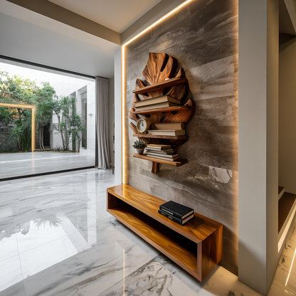 Wooden Tropical Leaf Wall Bookshelf For Living Room Lynnsnail
