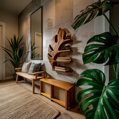 Wood Tropical Botanical Floating Bookshelf For Living Room Accent Wall Lynnsnail