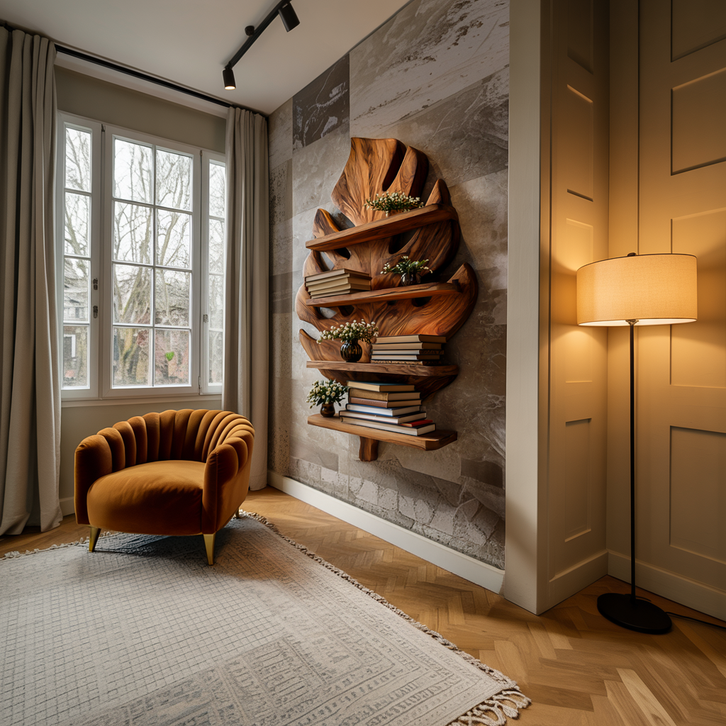 Wooden Tropical Leaf Wall Bookshelf For Living Room Lynnsnail