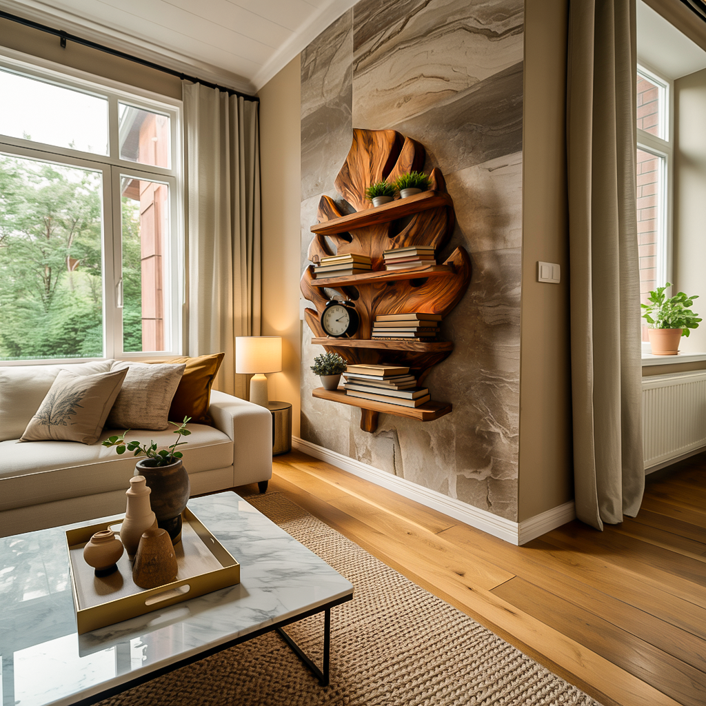 Wooden Tropical Leaf Wall Bookshelf For Living Room Lynnsnail