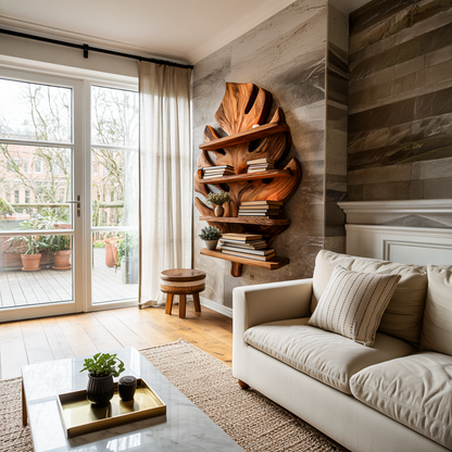 Wooden Tropical Leaf Wall Bookshelf For Living Room Lynnsnail