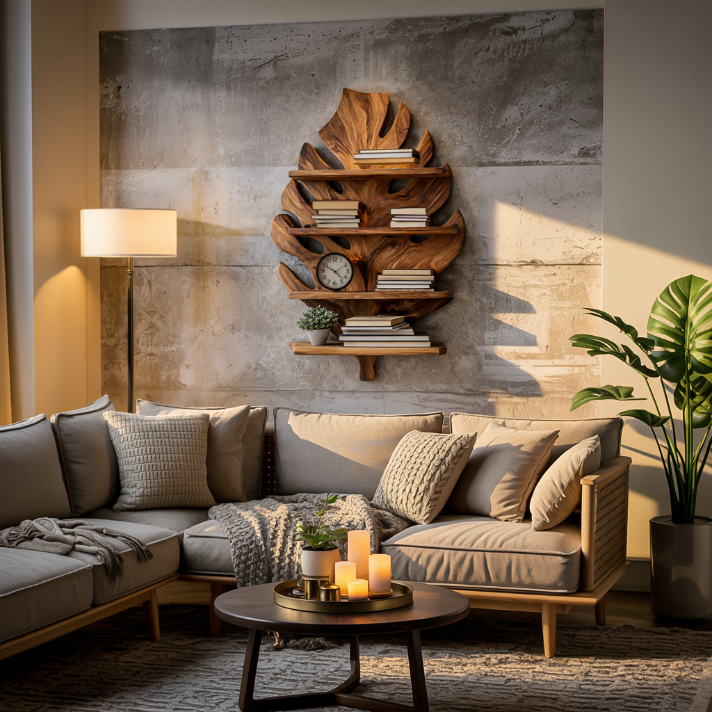 Wooden Tropical Leaf Wall Bookshelf For Living Room Lynnsnail