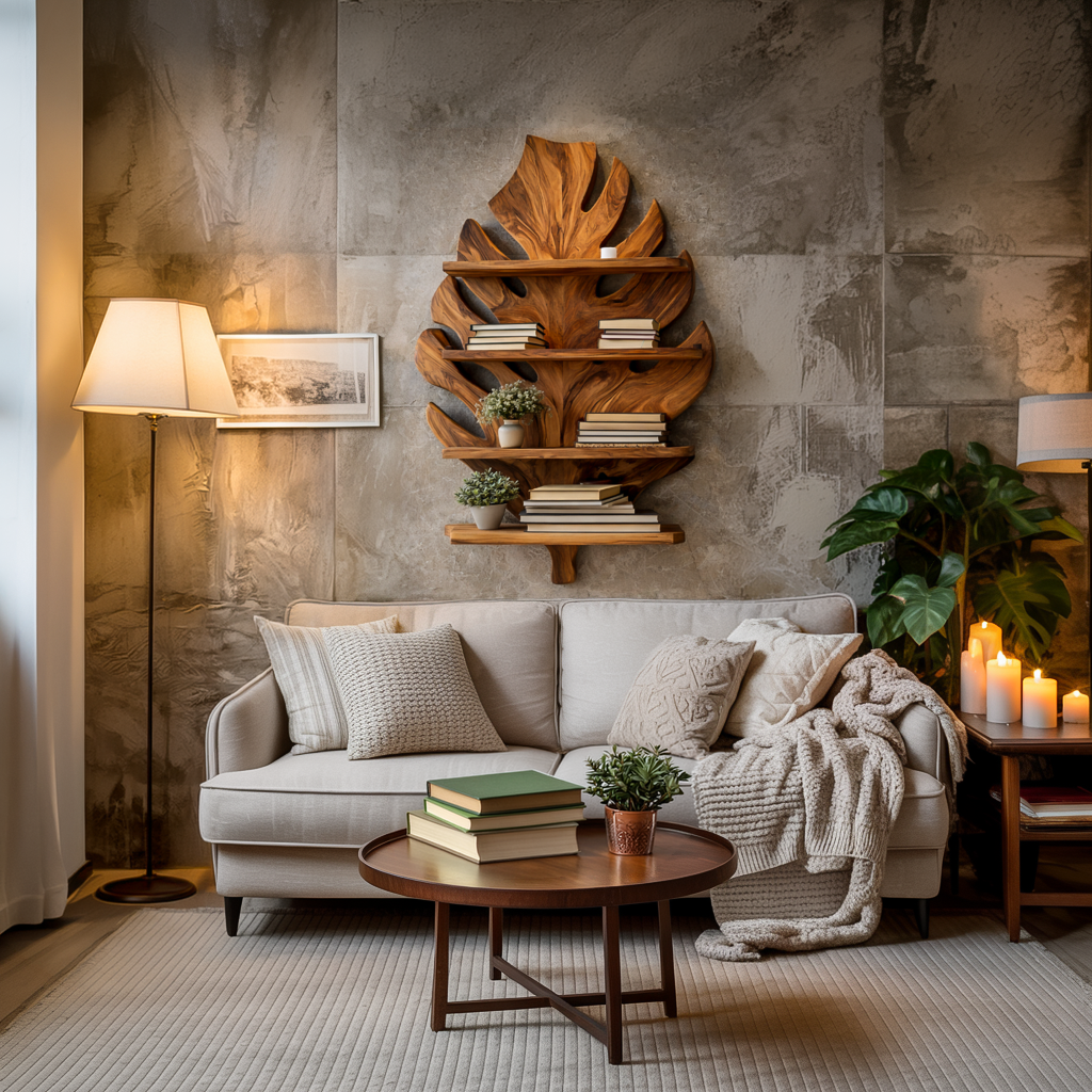 Wooden Tropical Leaf Wall Bookshelf For Living Room Lynnsnail