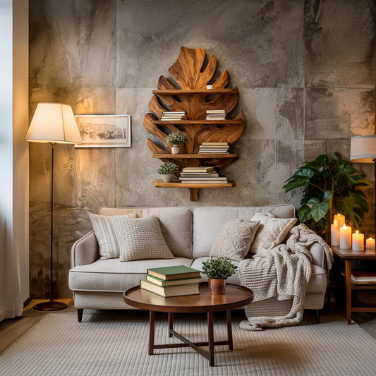 Wooden Tropical Leaf Wall Bookshelf For Living Room Lynnsnail