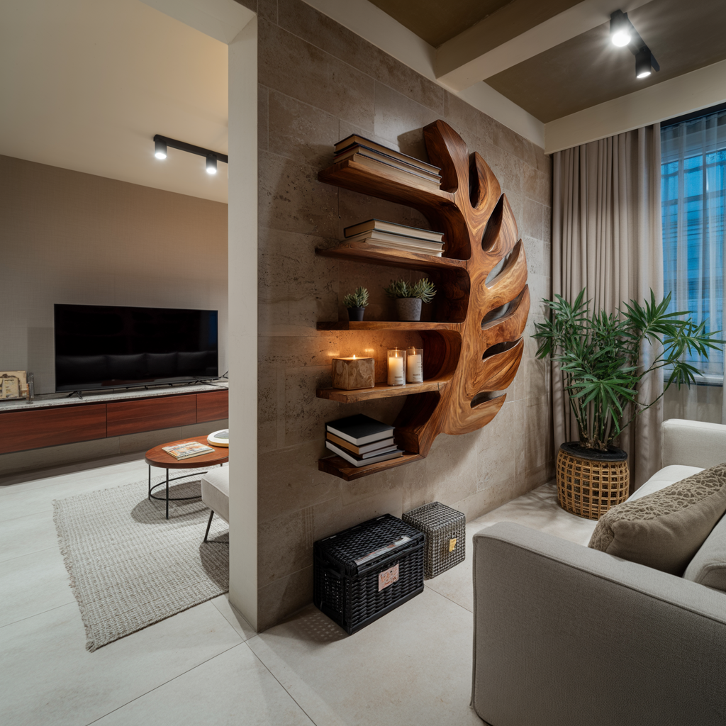 Sculptural Wood Monstera Leaf Bookshelf For Contemporary Interior Lynnsnail