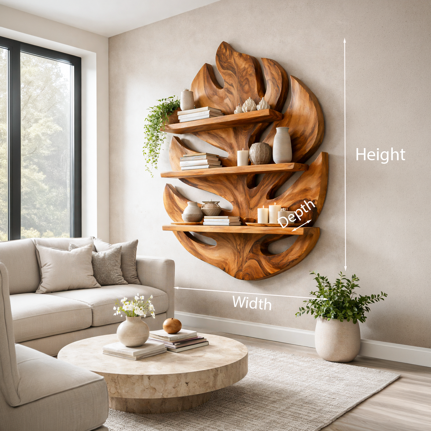 Monstera Leaf Wooden Bookshelf for Living Wall Decor Lynnsnail