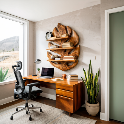Monstera Leaf Wooden Bookshelf for Living Wall Decor Lynnsnail