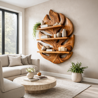 Monstera Leaf Wooden Bookshelf for Living Wall Decor Lynnsnail
