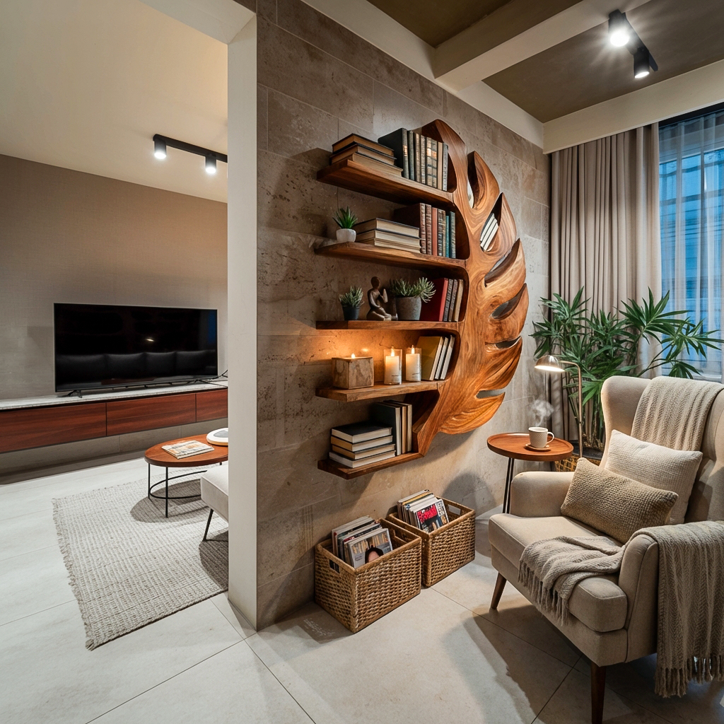 Sculptural Wood Monstera Leaf Bookshelf For Contemporary Interior Lynnsnail