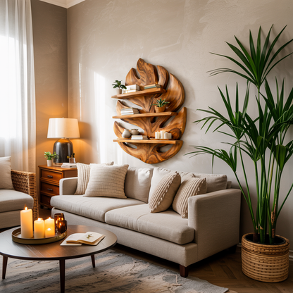 Monstera Leaf Wooden Bookshelf for Living Wall Decor Lynnsnail