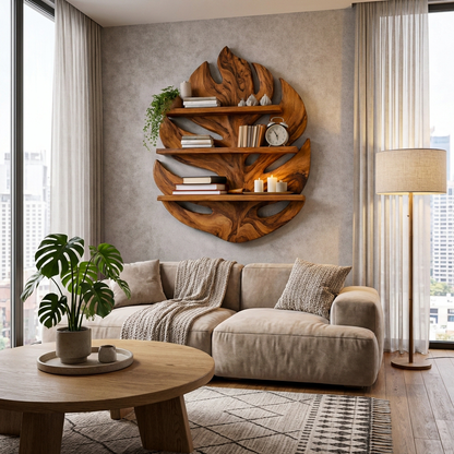 Monstera Leaf Wooden Bookshelf for Living Wall Decor Lynnsnail