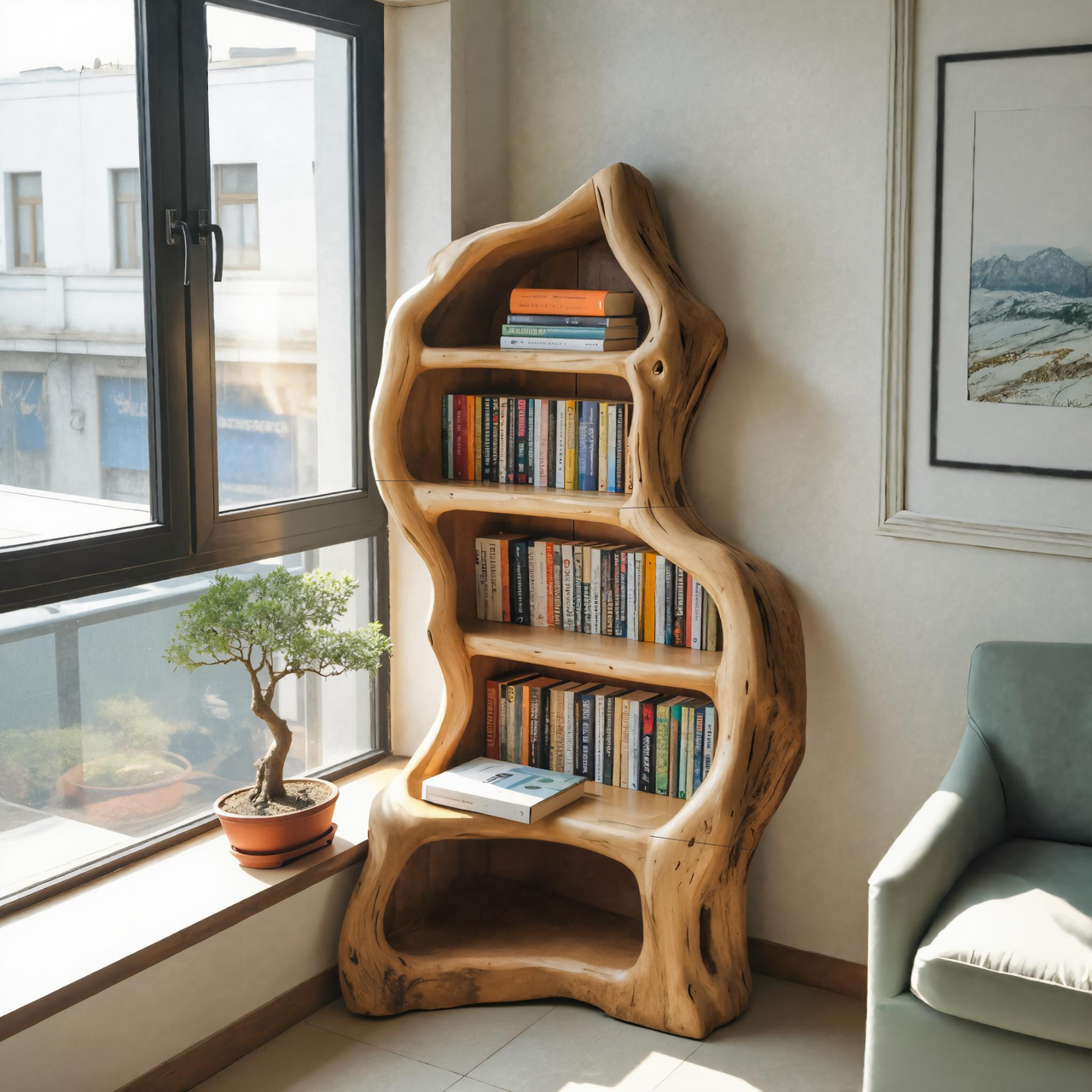 Organic Live Edge Bookshelf For Rustic Living Room Or Office Lynnsnail