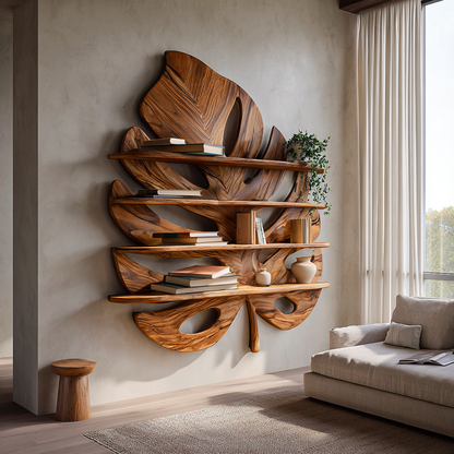 Artistic Wooden Tropical Leaf Wall Mounted Bookshelf For Home Decor Lynnsnail