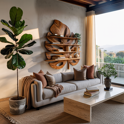 Artistic Wooden Tropical Leaf Wall Mounted Bookshelf For Home Decor Lynnsnail