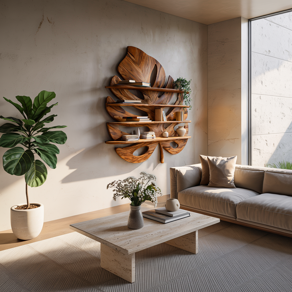 Artistic Wooden Tropical Leaf Wall Mounted Bookshelf For Home Decor Lynnsnail