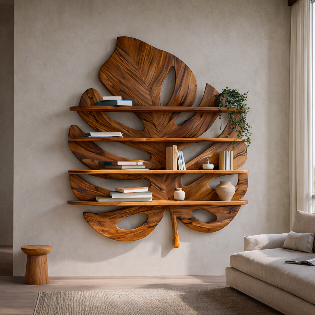 Artistic Wooden Tropical Leaf Wall Mounted Bookshelf For Home Decor Lynnsnail