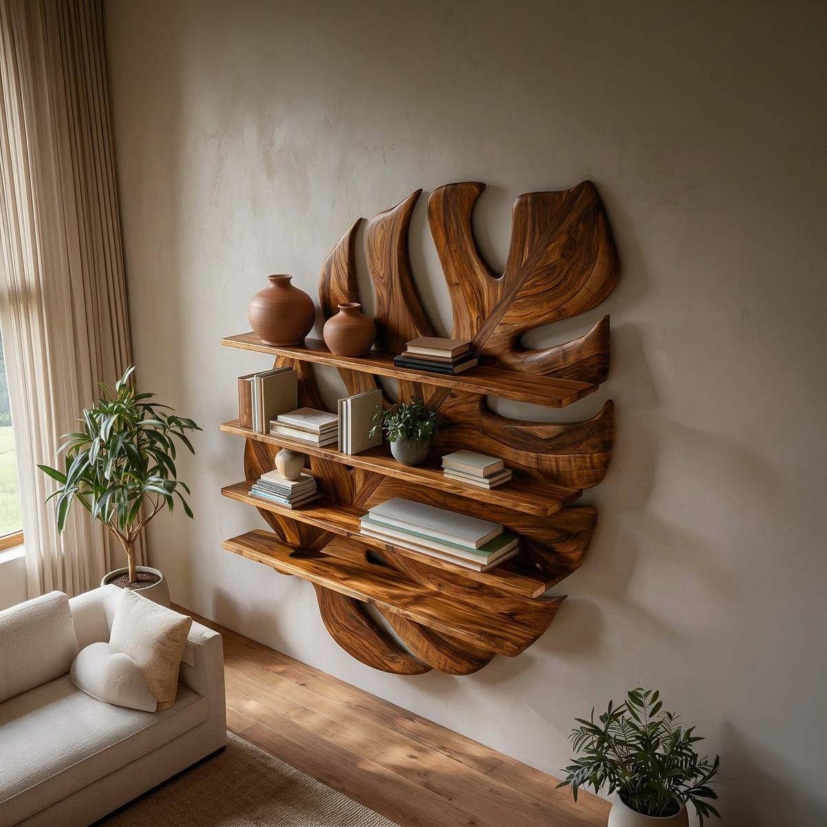 Large Wooden Tropical Leaf Bookshelf For Living Room Lynnsnail