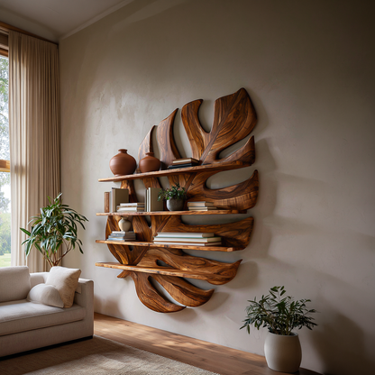 Large Wooden Tropical Leaf Bookshelf For Living Room Lynnsnail