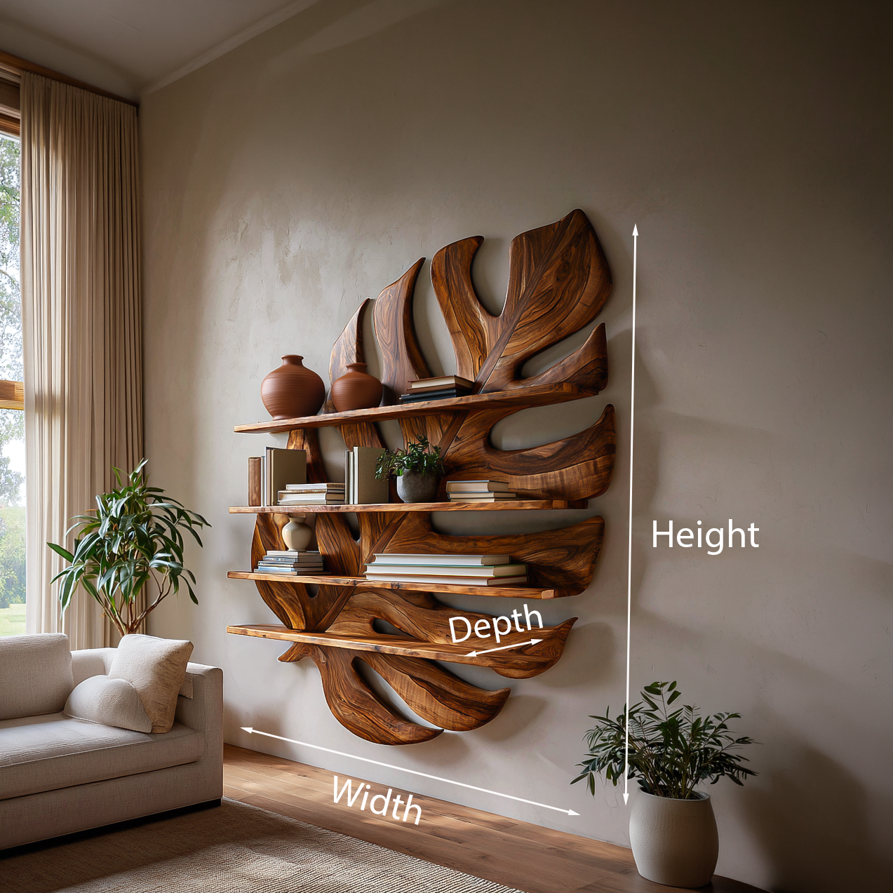 Large Wooden Tropical Leaf Bookshelf For Living Room Lynnsnail