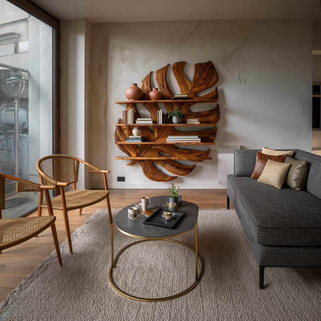Large Wooden Tropical Leaf Bookshelf For Living Room Lynnsnail