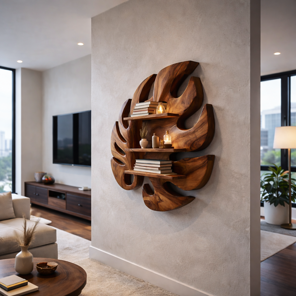 Wooden Leaf Inspired Wall Mounted Bookshelf For Living Decor Lynnsnail