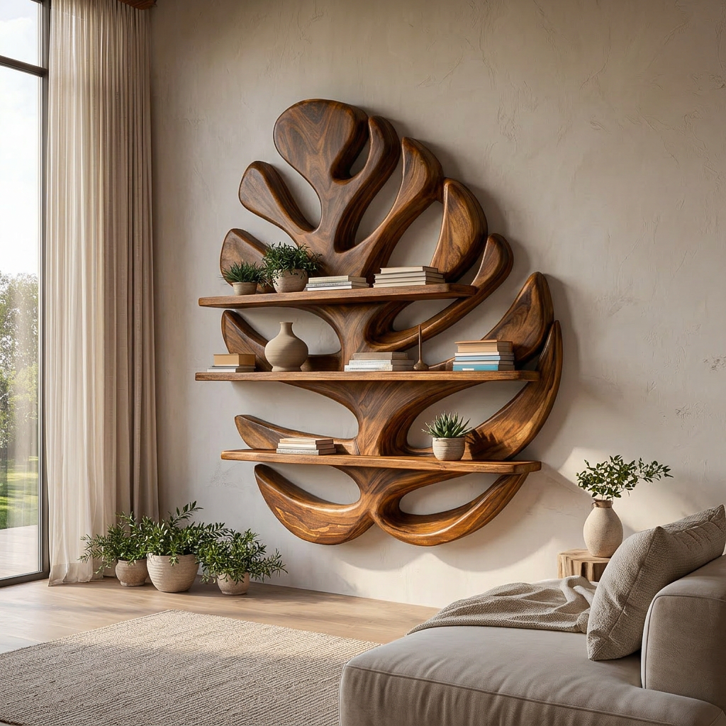 Wood Monstera Leaf Bookshelf for Modern Minimalist Home Lynnsnail