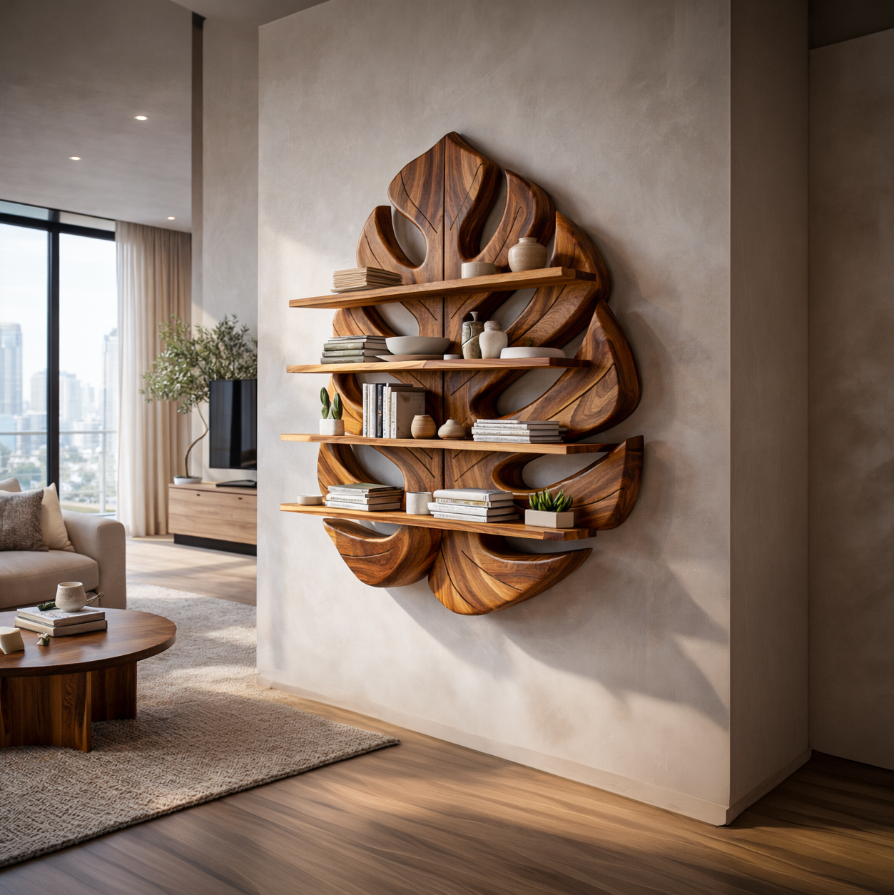 Wooden Leaf Bookshelf for Living Room Plant and Book Display Lynnsnail