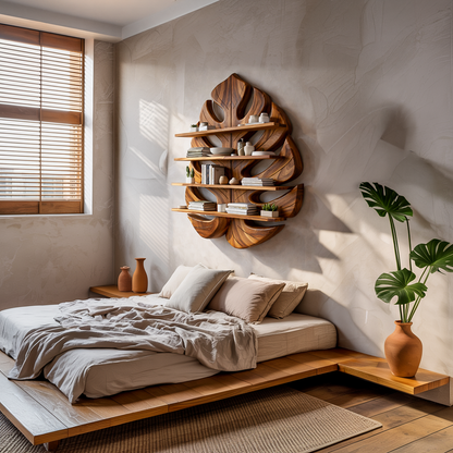 Wooden Leaf Bookshelf for Living Room Plant and Book Display Lynnsnail