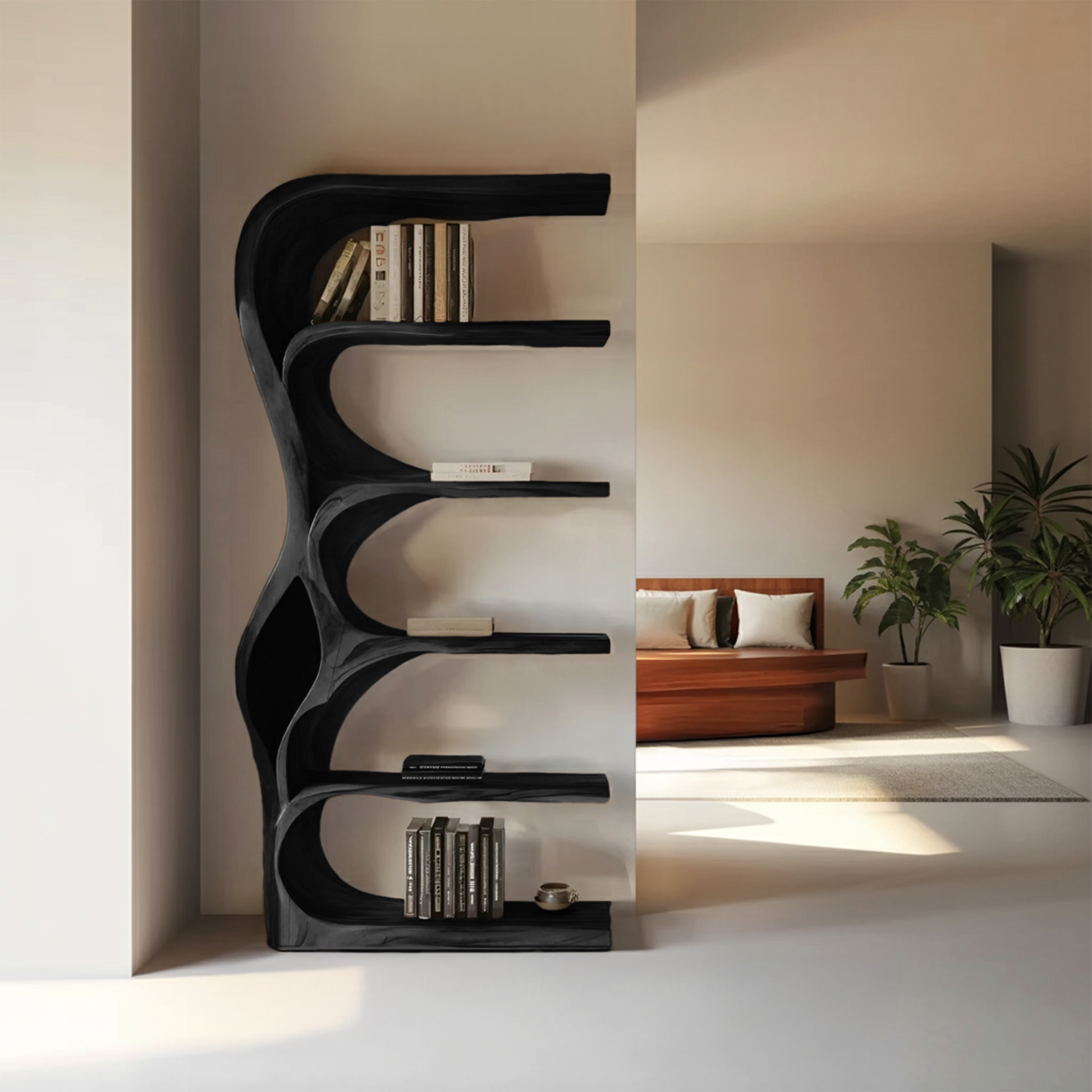 Organic Bookshelf With Curved Open Shelving For Bedroom Decor Lynnsnail