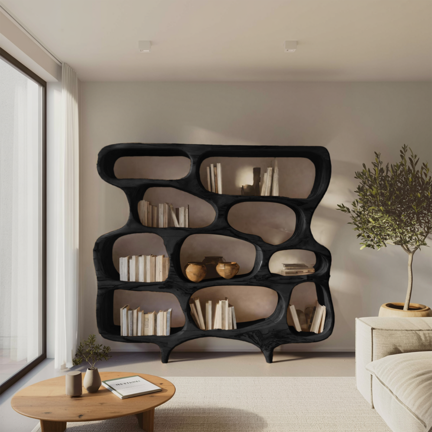Artistic Bookshelf With Curved Design For Living Room Interior Lynnsnail