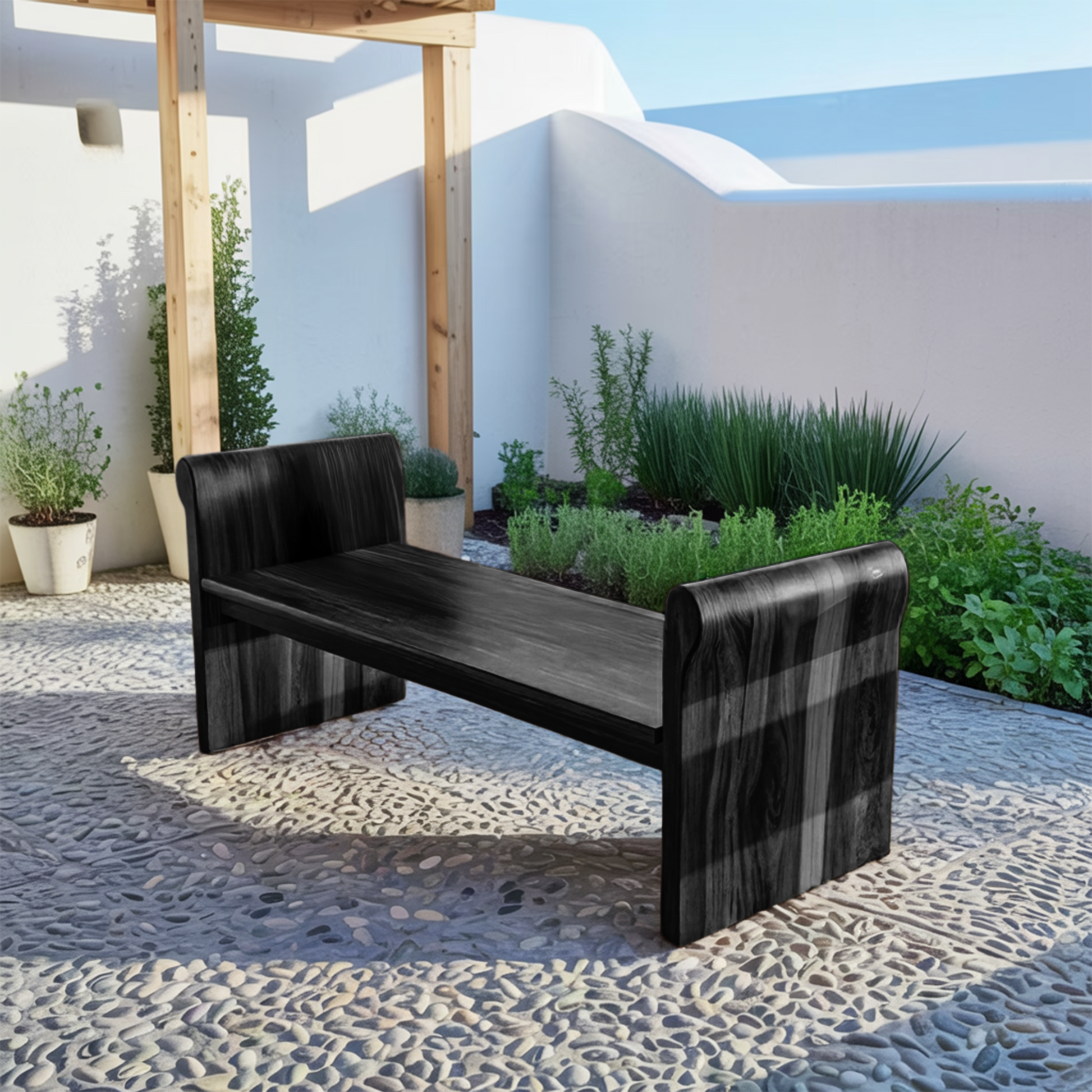 Contemporary Wood Bench With Rounded Armrests For Porch Or Garden Lynnsnail