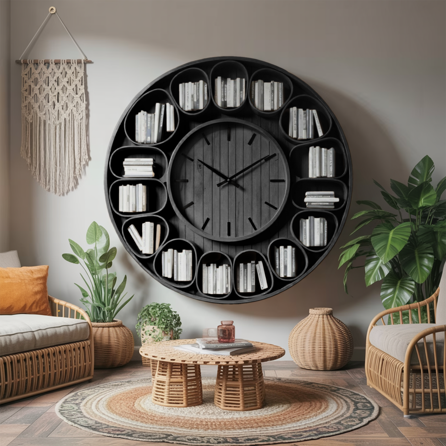Contemporary Round Wall Bookshelf With Clock For Living Room And Home Office Lynnsnail