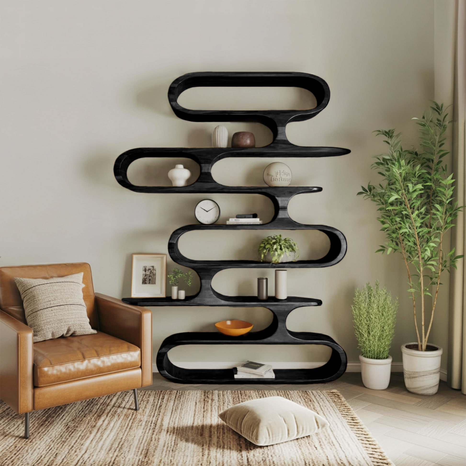 Mid Century Modern Wall Shelf With Flowing Shape For Living Room And Office Lynnsnail