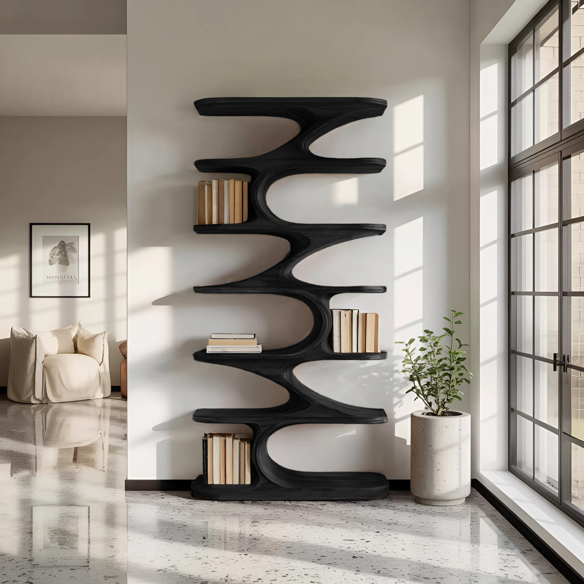Modern Organic Curved Bookshelf For Living Room Lynnsnail
