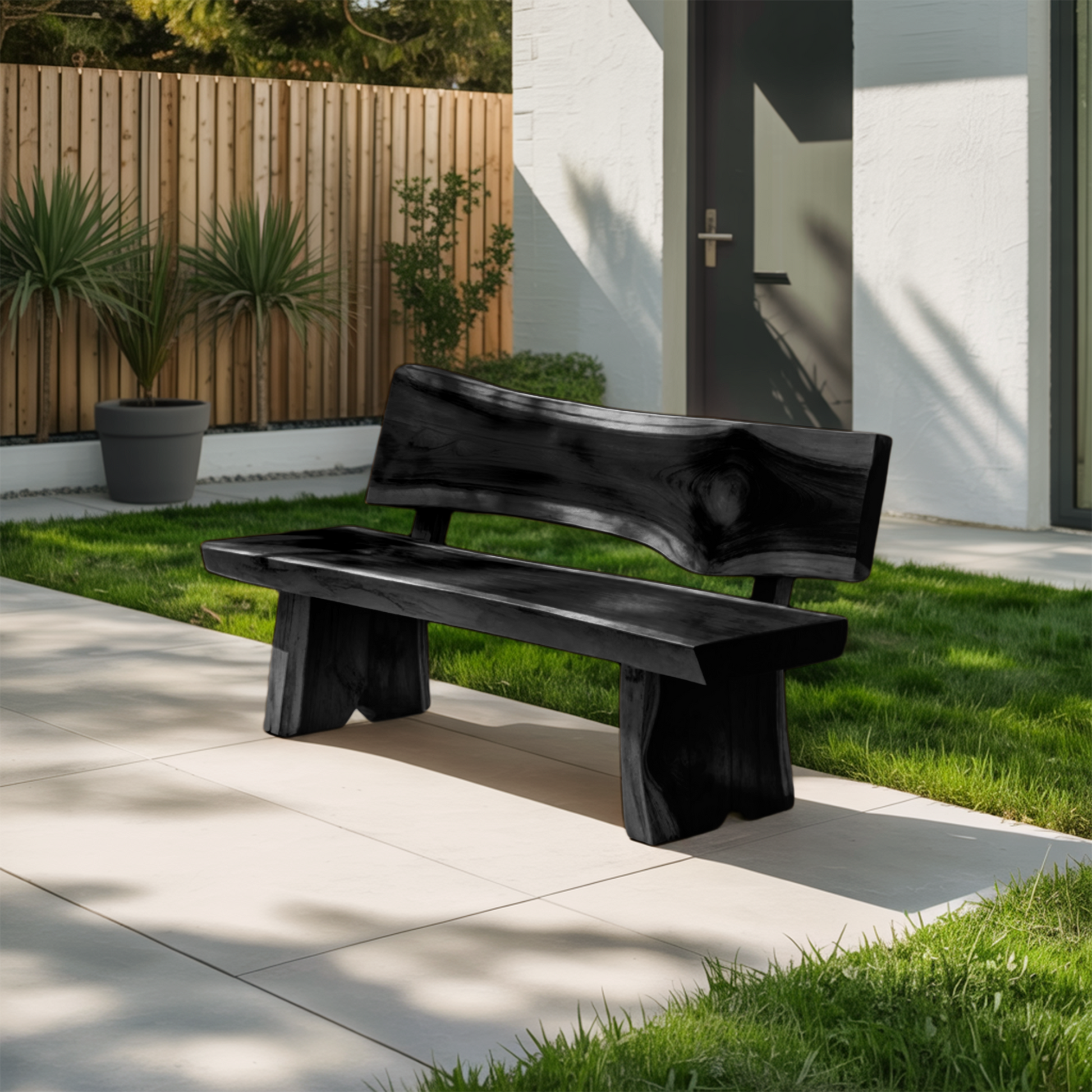 Contemporary Outdoor Wood Bench With Sculpted Back For Patio Or Courtyard Lynnsnail