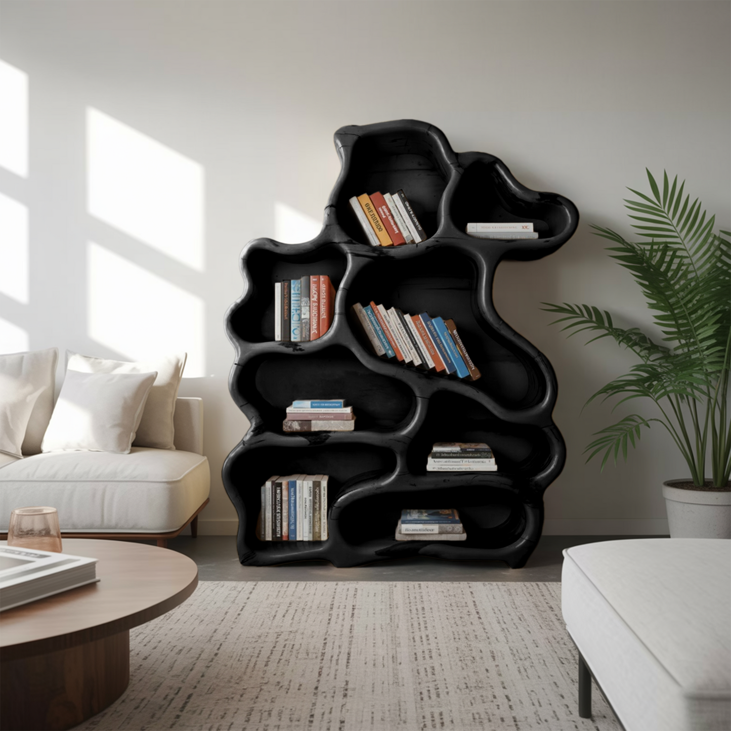 Organic Modern Bookshelf With Carved Design For Living Room And Home Library Lynnsnail