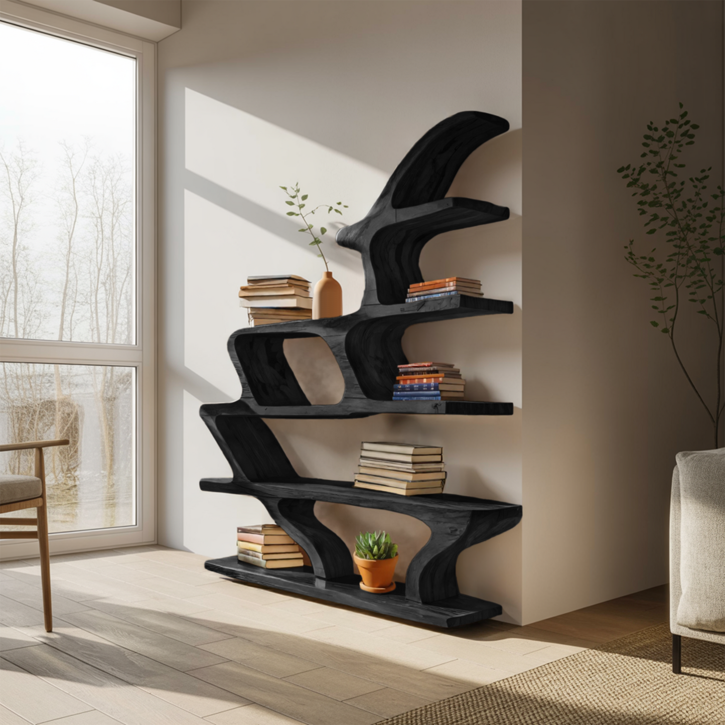 Modern Sculptural Bookshelf With Fluid Shelving For Living Room Lynnsnail
