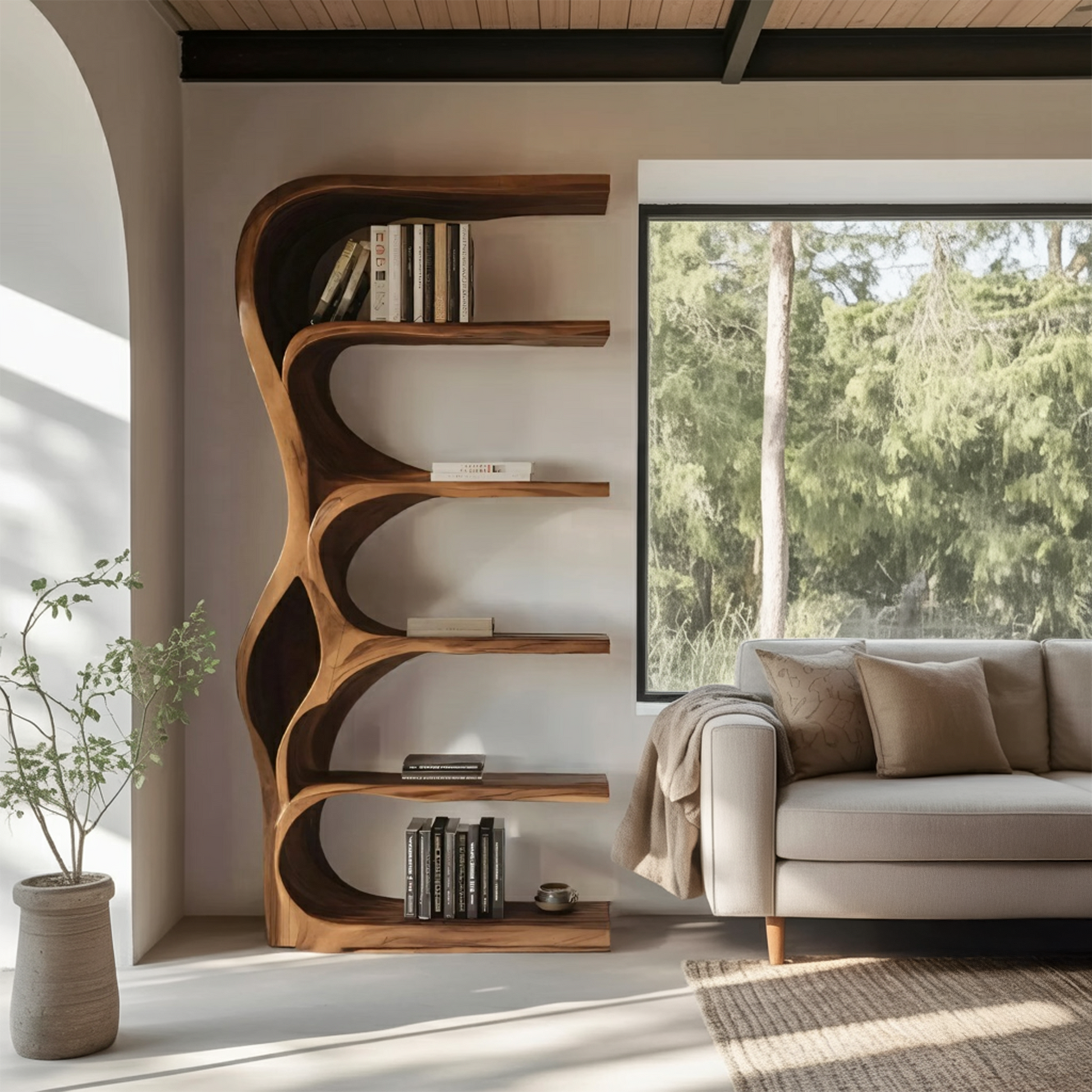 Organic Bookshelf With Curved Open Shelving For Bedroom Decor Lynnsnail