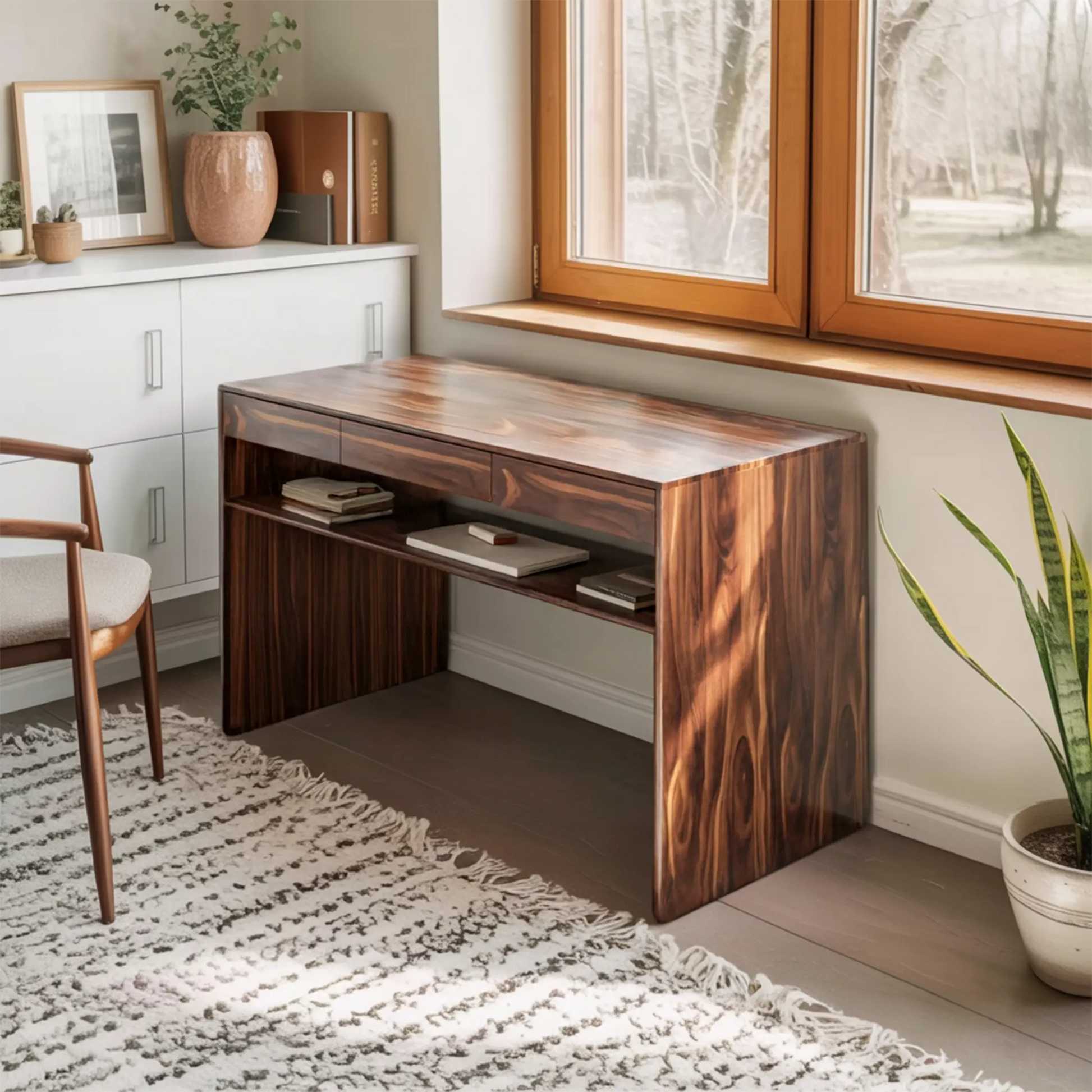 Mid Century Modern Solid Wood Writing Desk With Drawers For Home Office Lynnsnail