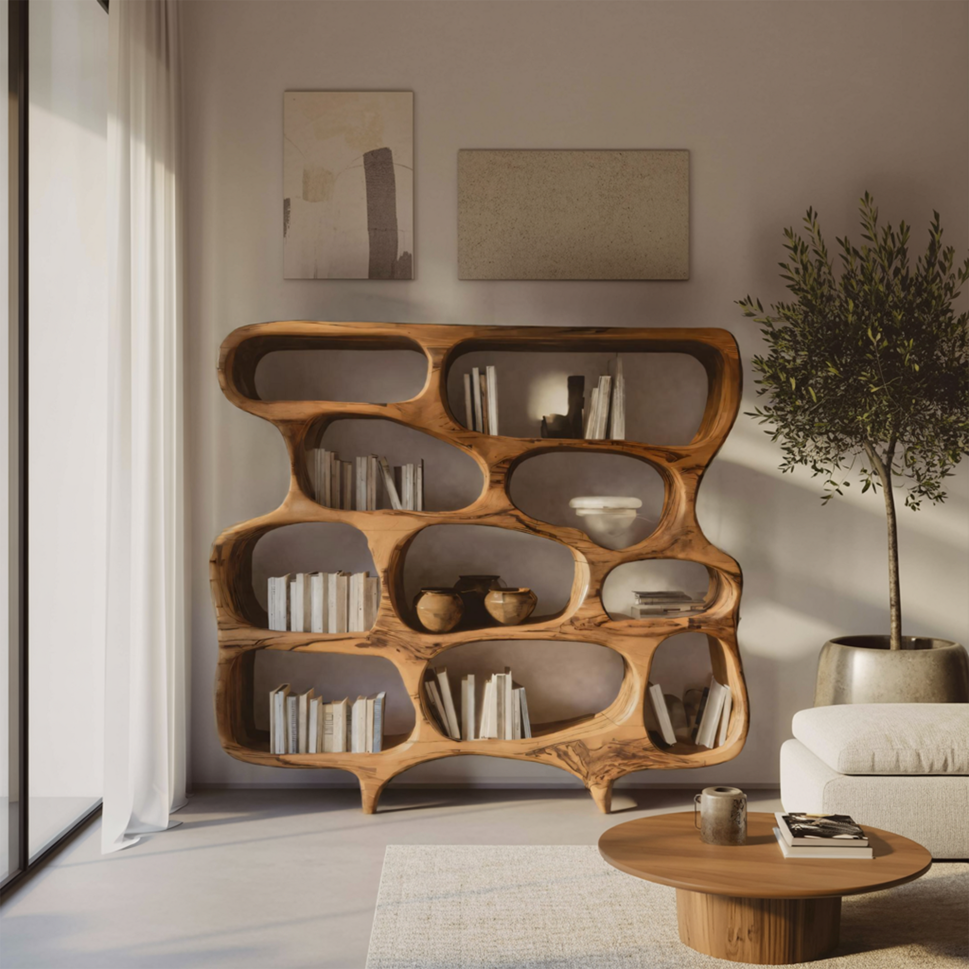 Artistic Bookshelf With Curved Design For Living Room Interior Lynnsnail