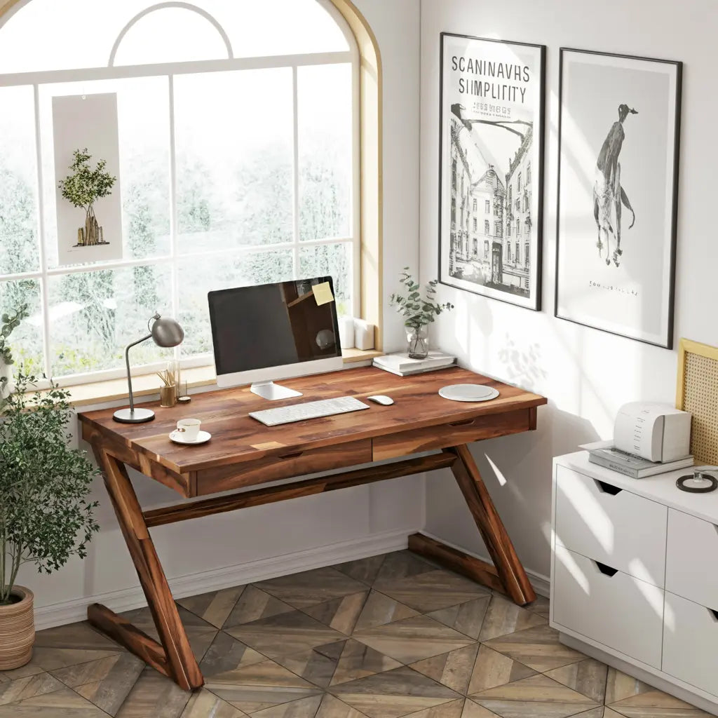 Modern Z Leg Wooden Writing Desk With Drawers For Home Office Or Studio Lynnsnail
