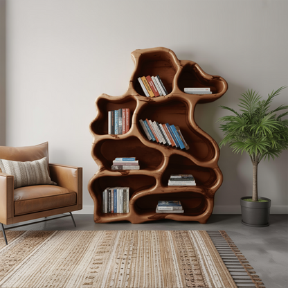 Organic Modern Bookshelf With Carved Design For Living Room And Home Library Lynnsnail
