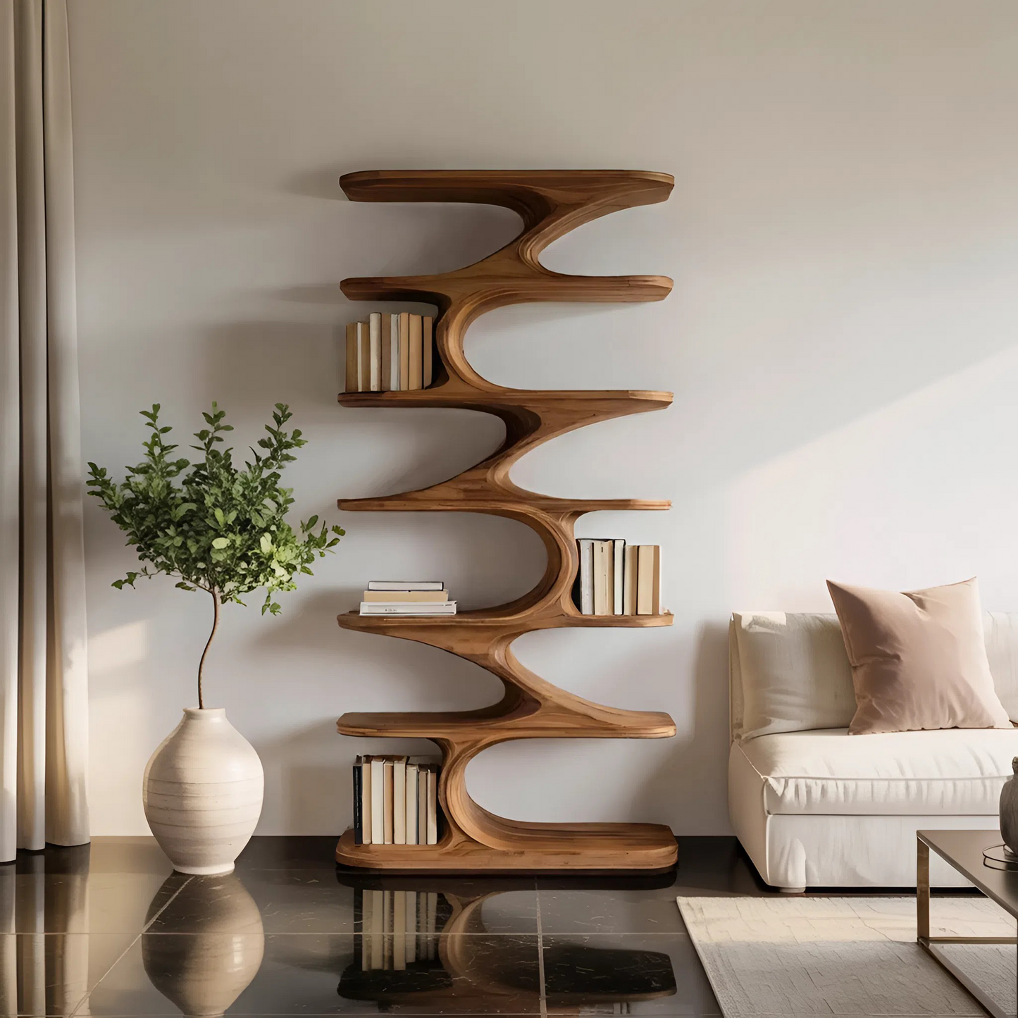 Modern Organic Curved Bookshelf For Living Room Lynnsnail